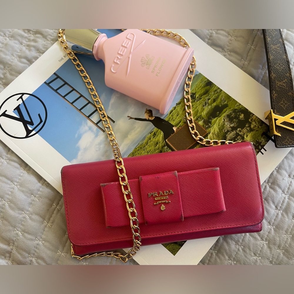 Prada Fuchsia Leather Clutch with Gold Chain